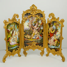 Load image into Gallery viewer, Antique Viennese Enamel on Copper, Gilt Bronze, Tryptic Screen Miniature Doll 17"