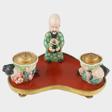 Load image into Gallery viewer, Antique French Chinoiserie Red Lacquer & Porcelain Figures Gilt Bronze Inkwell