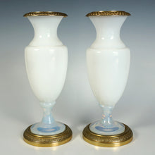 Load image into Gallery viewer, Pair Antique Charles X French Bulle de Savon Opaline Glass Vases Gilt Bronze Ormolu Mounts