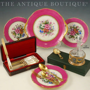 Antique French Limoges Porcelain Hand Painted 13pc Pink & Gold Dessert Service, Floral Artist Signed Serving Tray & Plates Set