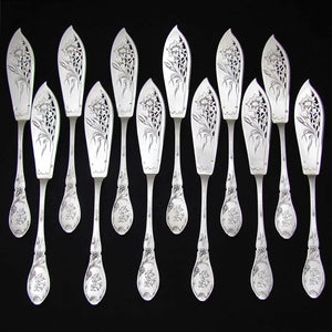 Antique French Sterling Silver 24pc Flatware Set Art Nouveau Pierced Fork & Knife Fish Service