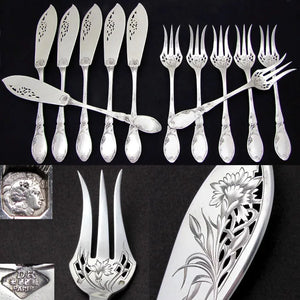 Antique French Sterling Silver 24pc Flatware Set Art Nouveau Pierced Fork & Knife Fish Service