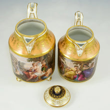 Load image into Gallery viewer, Antique Vienna Austria Porcelain Hand Painted Teapot &amp; Creamer Set, Raised Gold Enamel Nude Portrait of Goddess Diana

