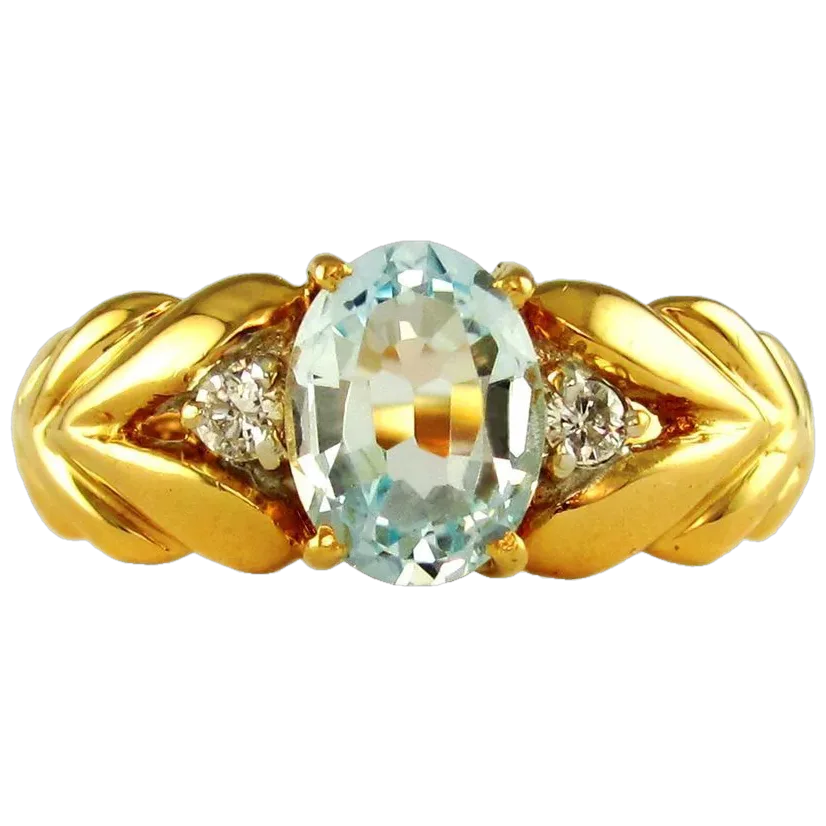 14K Gold Ring Blue Topaz & Diamond
