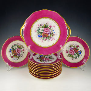 Antique French Limoges Porcelain Hand Painted 13pc Pink & Gold Dessert Service, Floral Artist Signed Serving Tray & Plates Set