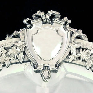 Large Antique 19c French Sterling Silver Beveled Glass Table Top Dresser / Vanity Mirror