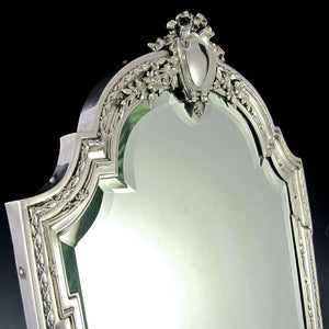 Large Antique 19c French Sterling Silver Beveled Glass Table Top Dresser / Vanity Mirror