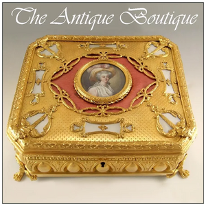 Massive Antique French Miniature Portrait & Guilloche Enamel Gilt Bronze Jewelry Casket