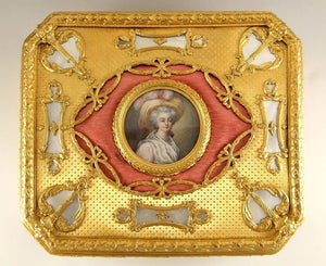 Massive Antique French Miniature Portrait & Guilloche Enamel Gilt Bronze Jewelry Casket