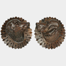 Load image into Gallery viewer, Pair Antique Victorian Black Forest Carved Wood Dog Head Curtain Tiebacks Holdbacks
