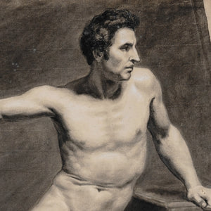 Antique French Academic Male Study Charcoal Life Drawing Portrait
