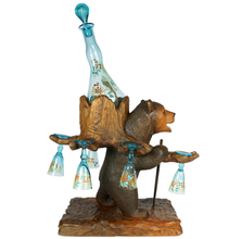 Load image into Gallery viewer, Antique Black Forest Carved Wood Bear Liquor Caddy Tantalus Enameled Blue Glass Decanter &amp; Cordials Set
