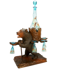 Load image into Gallery viewer, Antique Black Forest Carved Wood Bear Liquor Caddy Tantalus Enameled Blue Glass Decanter &amp; Cordials Set
