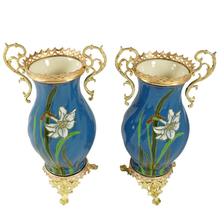 Load image into Gallery viewer, Pair Art Nouveau Ceramic Bronze Vases Boch Freres Keramis BFK Jugendstil
