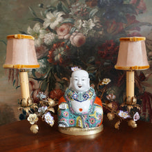 Load image into Gallery viewer, French Chinoiserie Bronze Boudoir Lamp Famille Rose Porcelain Buddha, Hand Painted Flowers
