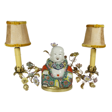 Load image into Gallery viewer, French Chinoiserie Bronze Boudoir Lamp Famille Rose Porcelain Buddha, Hand Painted Flowers
