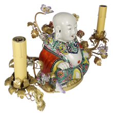 Load image into Gallery viewer, French Chinoiserie Bronze Boudoir Lamp Famille Rose Porcelain Buddha, Hand Painted Flowers
