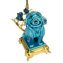 Load image into Gallery viewer, French Chinoiserie Gilt Bronze Lamp Porcelain Foo Dog Turquoise Blue Glaze
