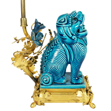 Load image into Gallery viewer, French Chinoiserie Gilt Bronze Lamp Porcelain Foo Dog Turquoise Blue Glaze
