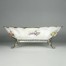 Load image into Gallery viewer, Antique French Sterling Silver &amp; Continental Porcelain Bowl Hand Painted Flowers Gilt Scalloped Rim
