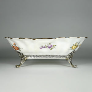 Antique French Sterling Silver & Continental Porcelain Bowl Hand Painted Flowers Gilt Scalloped Rim