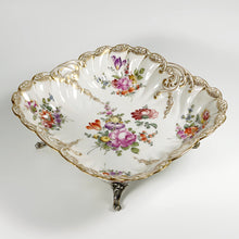 Load image into Gallery viewer, Antique French Sterling Silver &amp; Continental Porcelain Bowl Hand Painted Flowers Gilt Scalloped Rim
