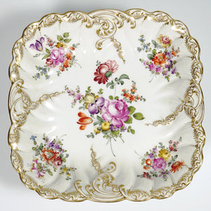 Antique French Sterling Silver & Continental Porcelain Bowl Hand Painted Flowers Gilt Scalloped Rim