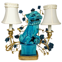 Load image into Gallery viewer, French Chinoiserie Gilt Bronze Lamp Porcelain Foo Dog Turquoise Blue Glaze
