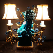 Load image into Gallery viewer, French Chinoiserie Gilt Bronze Lamp Porcelain Foo Dog Turquoise Blue Glaze
