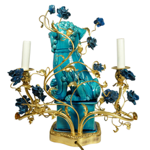 Load image into Gallery viewer, French Chinoiserie Gilt Bronze Lamp Porcelain Foo Dog Turquoise Blue Glaze
