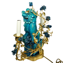 Load image into Gallery viewer, French Chinoiserie Gilt Bronze Lamp Porcelain Foo Dog Turquoise Blue Glaze
