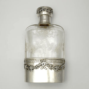 French Sterling Silver Liquor Whiskey Hip Flask Floral Engraved Glass