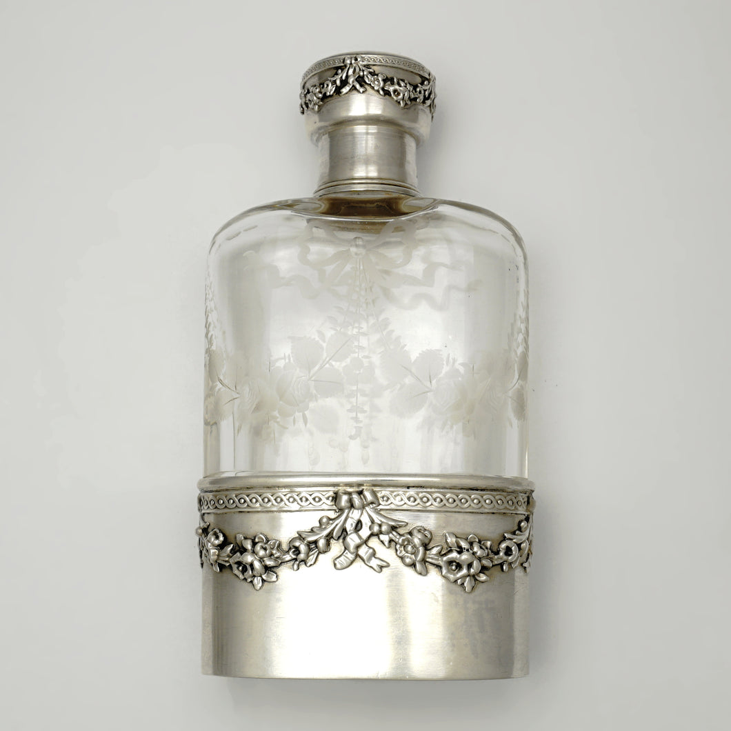 Antique French Sterling Silver Liquor Whiskey Hip Flask Floral Engraved Glass