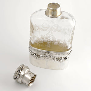 Antique French Sterling Silver Liquor Whiskey Hip Flask Floral Engraved Glass