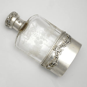 Antique French Sterling Silver Liquor Whiskey Hip Flask Floral Engraved Glass