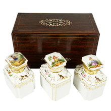 Load image into Gallery viewer, Antique French Rosewood Tea Caddy Box, Hand Painted Paris Porcelain Bottles
