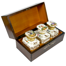 Load image into Gallery viewer, Antique French Rosewood Tea Caddy Box, Hand Painted Paris Porcelain Bottles
