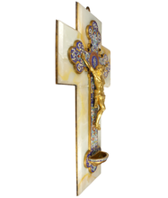 Load image into Gallery viewer, Large Antique French Gilt Bronze Champleve Enamel Holy Water Font
