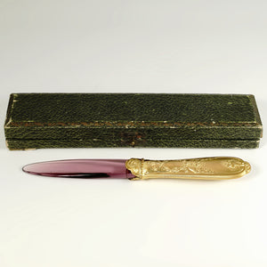 Antique French Letter Opener, Purple Glass, Ormolu Handle