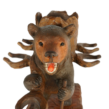 Load image into Gallery viewer, Antique Black Forest Carved Wood Bear Liquor Caddy Tantalus Enameled Blue Glass Decanter &amp; Cordials Set
