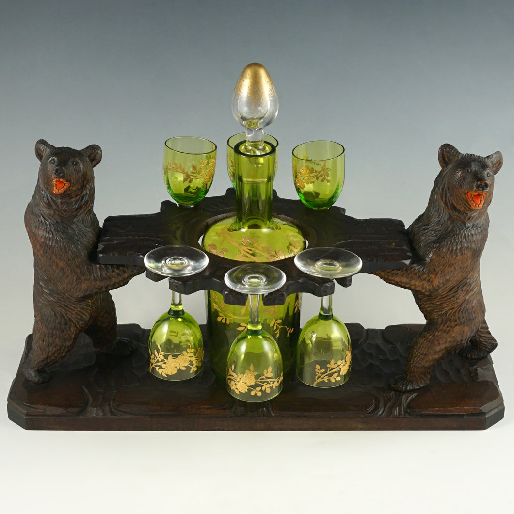 Antique Black Forest Carved Wood Liquor Tantalus Pair of Twin Bears Hand Painted Raised Enamel Decanter & Cordial Glasses Set