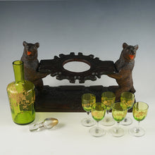 Load image into Gallery viewer, Antique Black Forest Carved Wood Liquor Tantalus Pair of Twin Bears Hand Painted Raised Enamel Decanter &amp; Cordial Glasses Set
