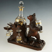 Load image into Gallery viewer, Antique Black Forest Carved Wood Bear Liquor Tantalus Glass Wine Decanter Set
