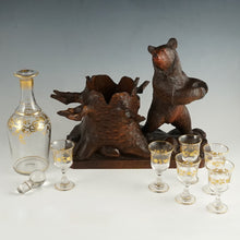 Load image into Gallery viewer, Antique Black Forest Carved Wood Bear Liquor Tantalus Glass Wine Decanter Set
