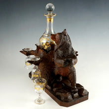 Load image into Gallery viewer, Antique Black Forest Carved Wood Bear Liquor Tantalus Glass Wine Decanter Set
