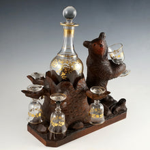 Load image into Gallery viewer, Antique Black Forest Carved Wood Bear Liquor Tantalus Glass Wine Decanter Set
