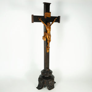 Antique Neo Gothic Carved Wood Corpus Christ Crucifix Altar Piece, Devil Feet