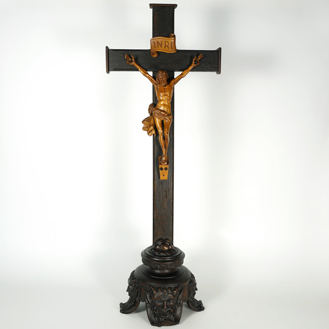 Antique Neo Gothic Carved Wood Corpus Christ Crucifix Altar Piece, Devil Feet