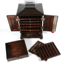 Load image into Gallery viewer, Antique Victorian Wood Cigar Cabinet, Table Top Display Presenter Box, Double Door, Drawer &amp; Hidden Match Striker
