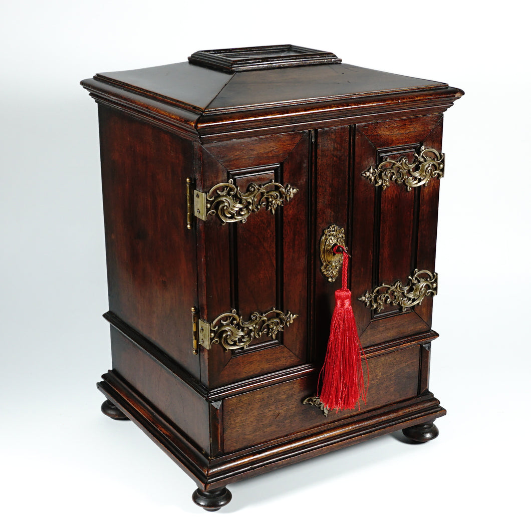 Antique Victorian Wood Cigar Cabinet, Table Top Display Presenter Box, Double Door, Drawer & Hidden Match Striker